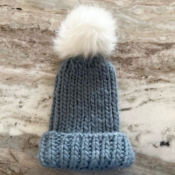Blue & White Faux Fur Pom Beanie - Picture 1 of 5